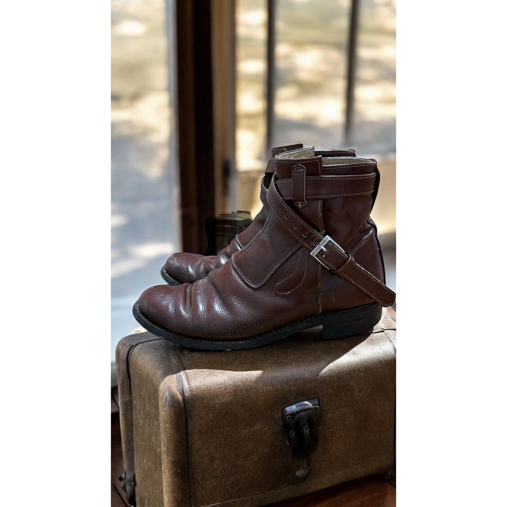 Vintage Womens Brown Leather Criss Cross distressed Moto Country Buckle Boot 7.5